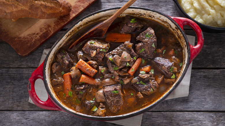 enamel pot with beef stew