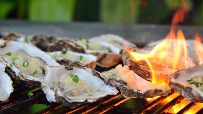 Half-shelled oysters on grill