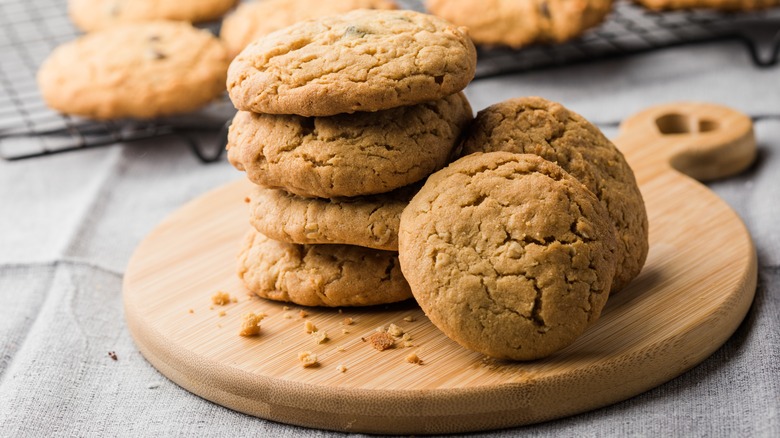 Peanut butter cookies on wooden tray