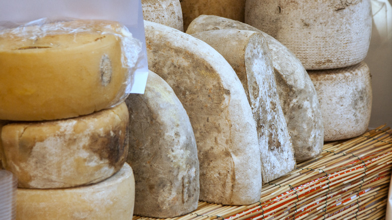 Wedges of pecorino romano and parmigiano reggiano next to each other.