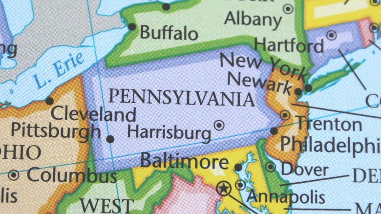 State of Pennsylvania on a map