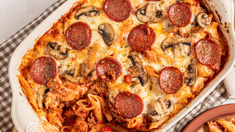 pepperoni pizza pasta bake in dish