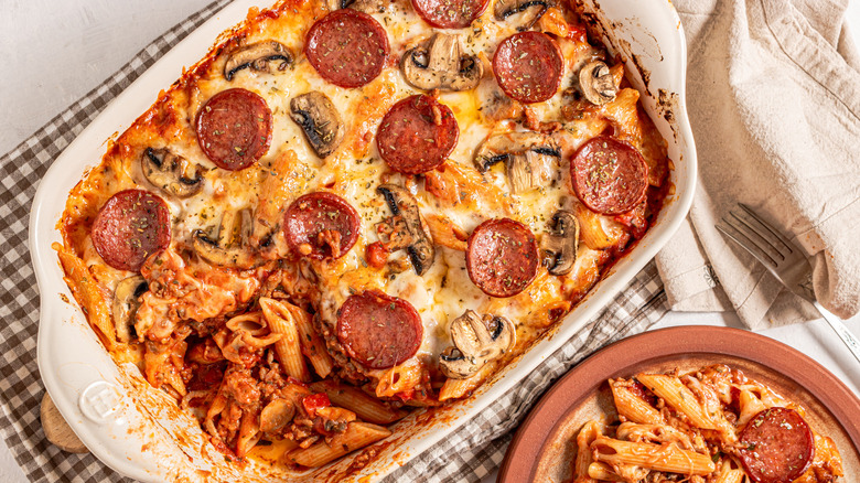 pizza pasta in baking dish