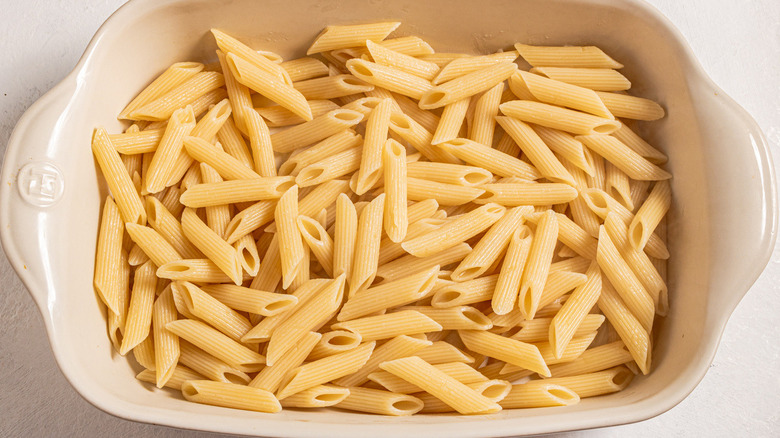 plain penne pasta in baking dish