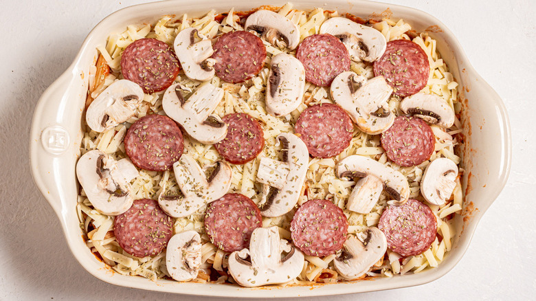 pepperoni and mushrooms on casserole