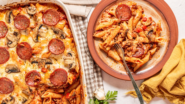 pepperoni pasta on plate