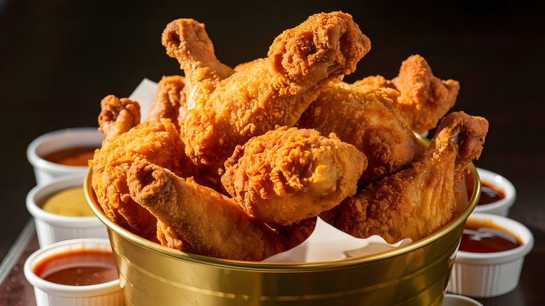 Fried chicken in a bucket with dipping sauces