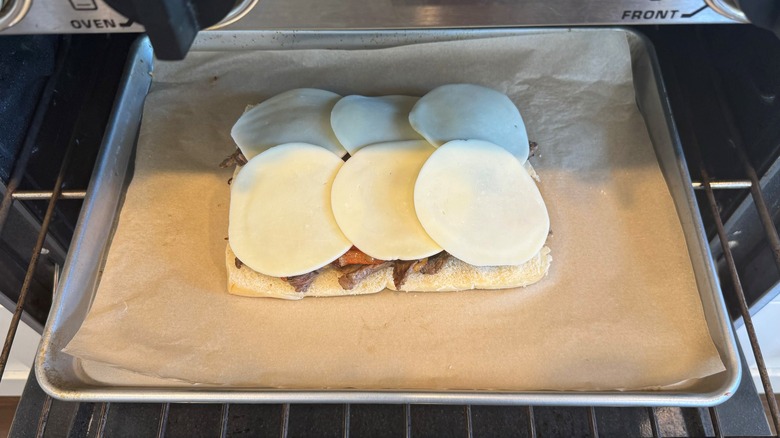 cheese-topped bread in oven