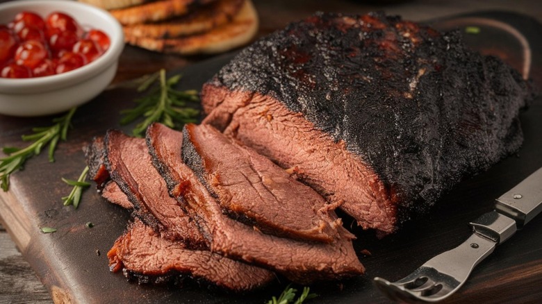 Juicy sliced brisket with bark on a cutting board