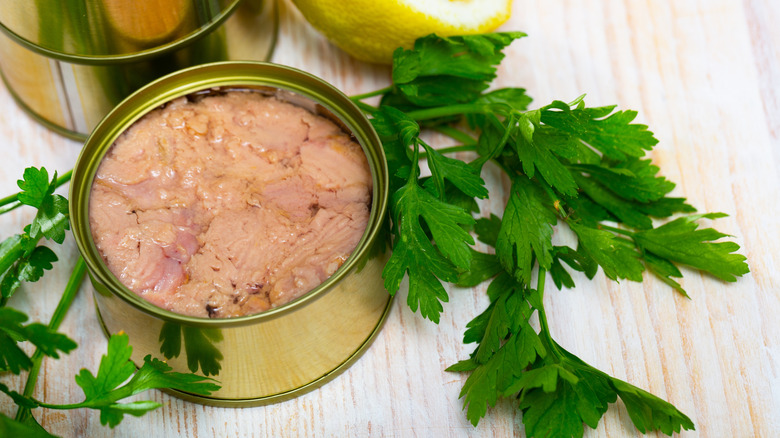 An open can of tuna next to fresh parsley sprigs