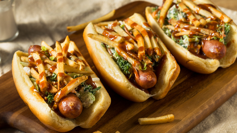 three Cleveland-style Polish Boy sausages