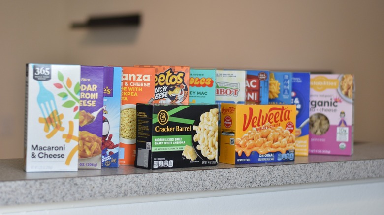 Boxes of macaroni and cheese on a counter