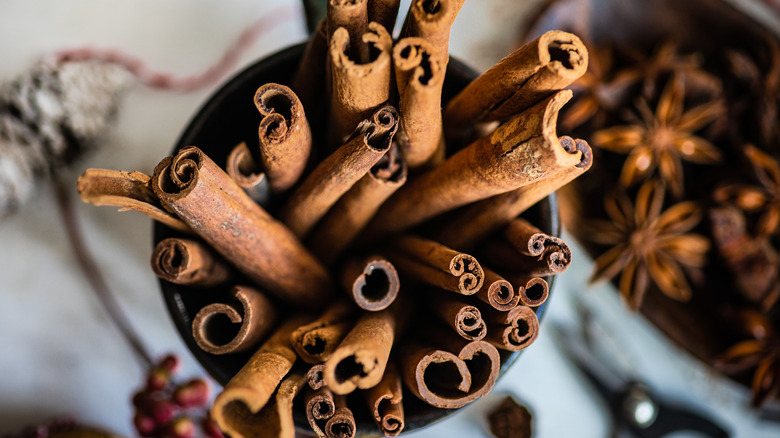 Top view of cinnamon sticks