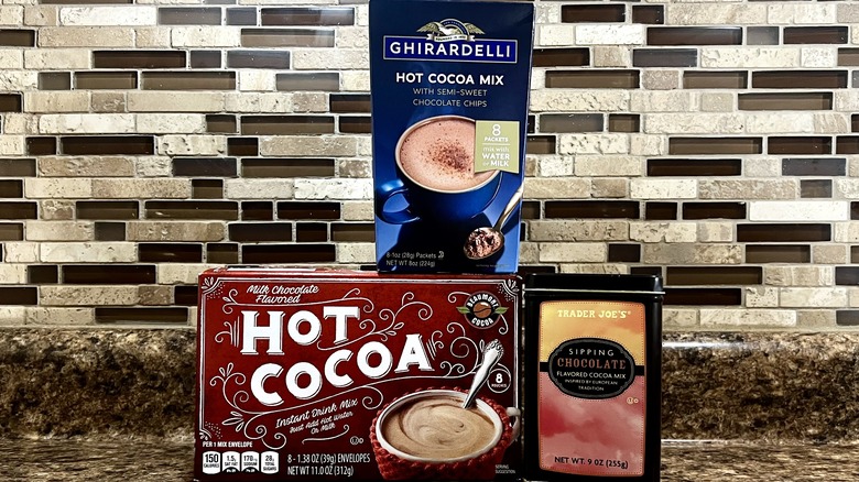 Hot cocoa mixes on a counter