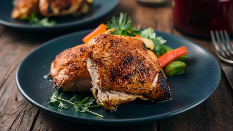 Plated crisp-skinned chicken thighs with vegetables