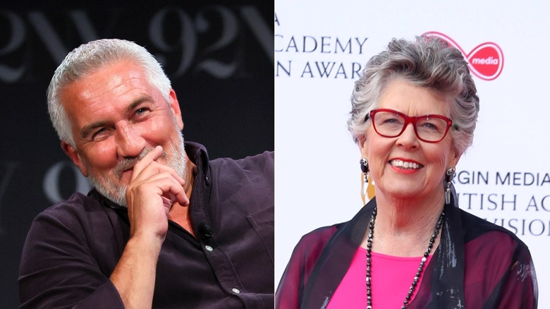 Side-by-side photos of Paul Hollywood and Prue Leith smiling