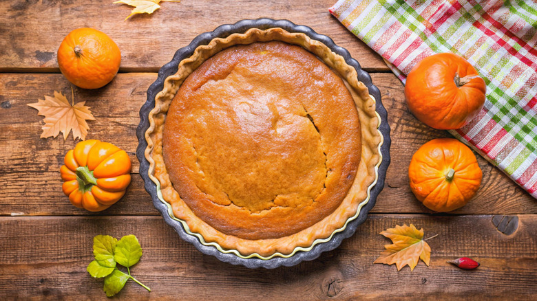 Pumpkin pie on a wooden table surrounded by small pumpkins