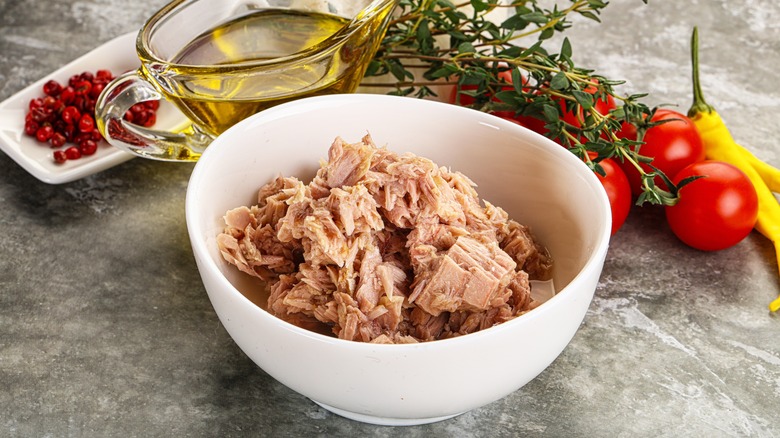 Canned tuna in white bowl