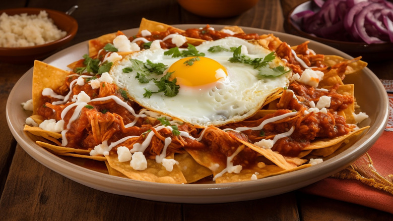 Chilaquiles garnished with queso fresco