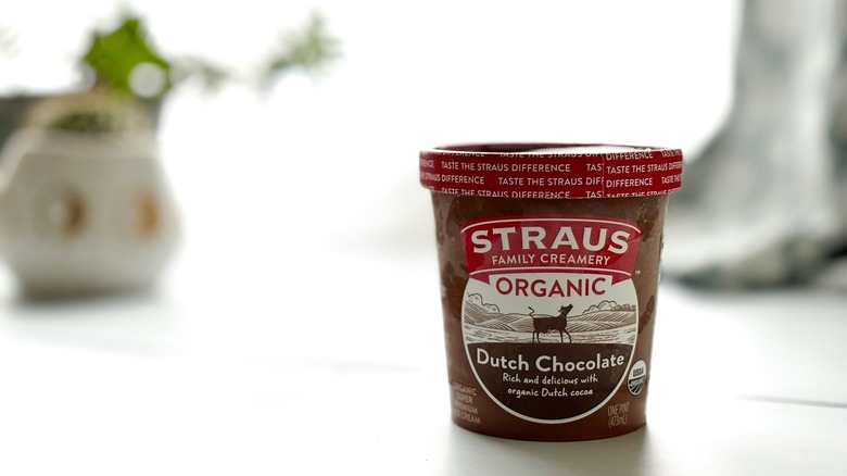 Straus chocolate ice cream on counter