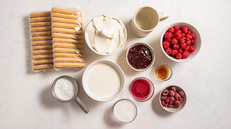 Ingredients for raspberry and cream tiramisu