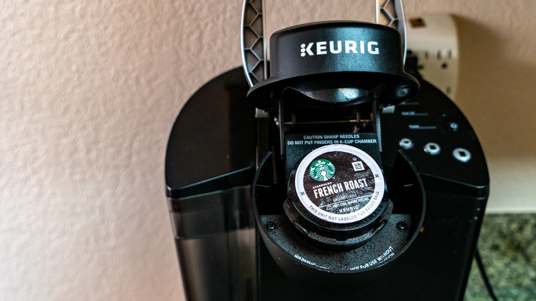 A K-cup in a Keurig machine