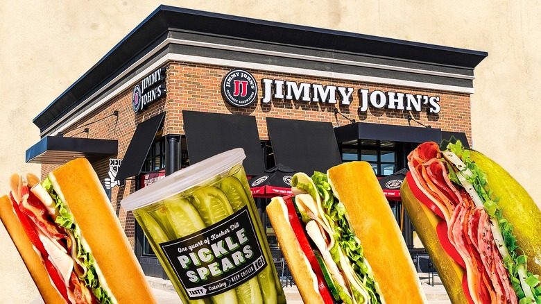 Composite photo of a Jimmy John's storefront with three sub sandwiches and a pickle bucket in front