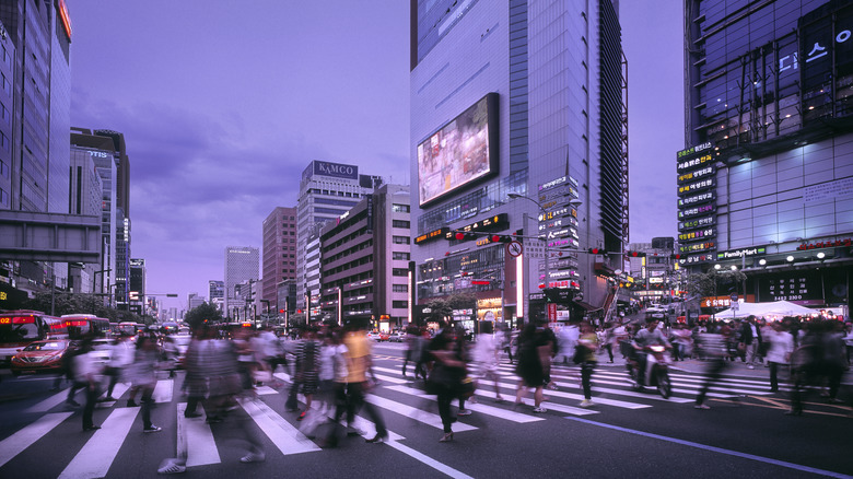 People crossing street in Gangnam, Seoul, South Korea