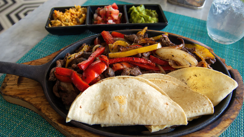 Plate of fajitas in restaurant