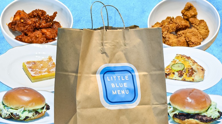 Little Blue Menu takeout bag and menu items