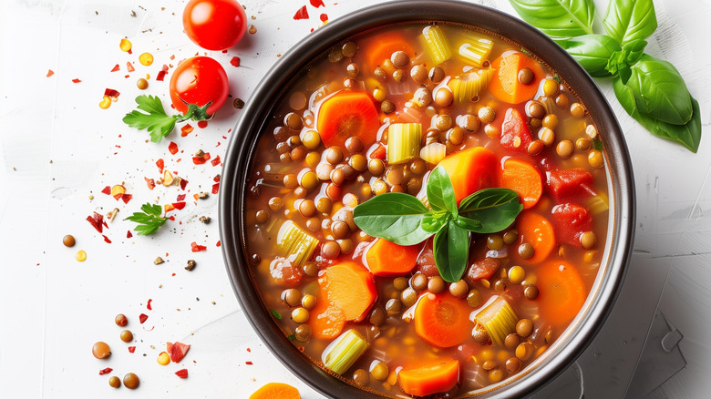 Bowl of soup with lentils, carrots, and herbs