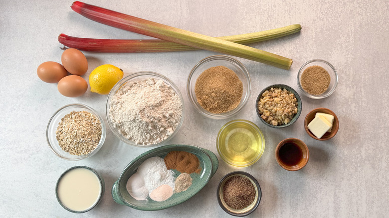 Rhubarb and cardamom oat muffins ingredients on countertop