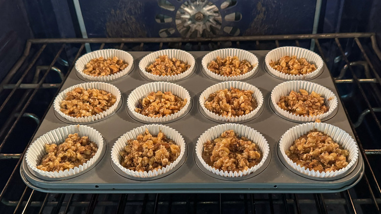 Rhubarb and cardamom oat muffins baking in oven