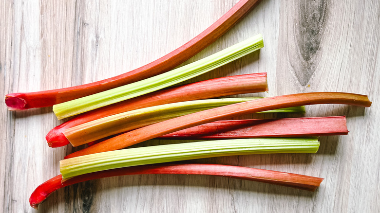 Rhubarb stalks on countertop