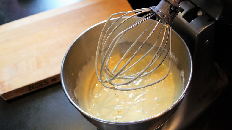 Cake batter in a stand mixer