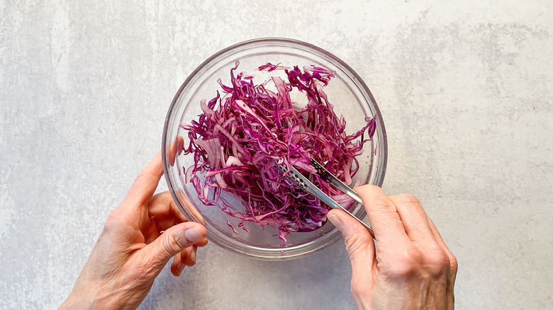 Mixing red cabbage and red onion slaw in bowl 