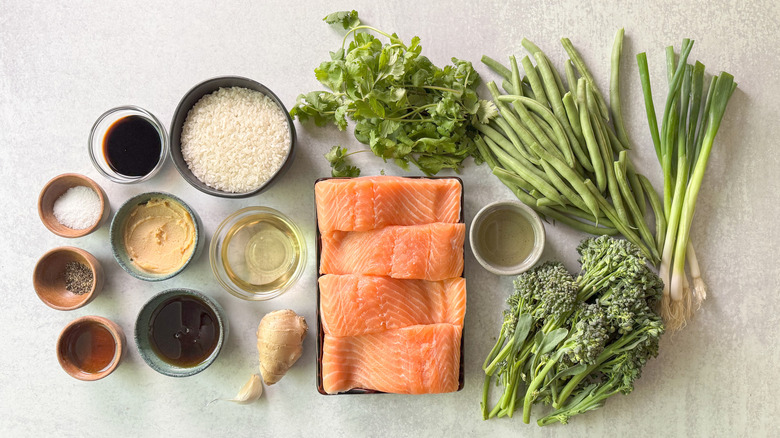 Roasted miso maple salmon ingredients on countertop