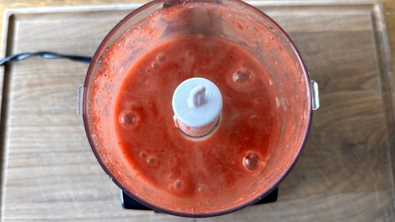 pureed strawberries in food processor