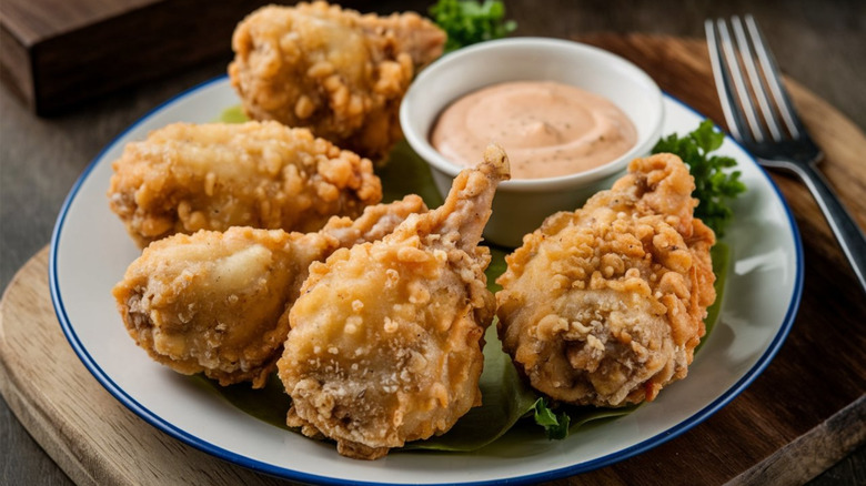 Breaded Rocky Mountain oysters served with dipping sauce.