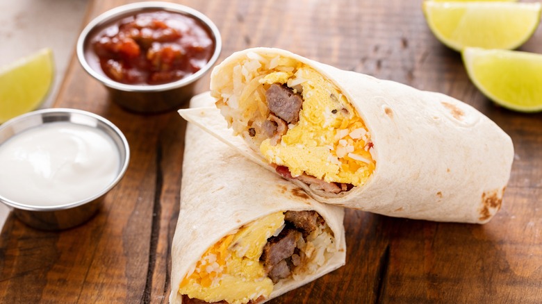 Breakfast burrito with spicy sauce