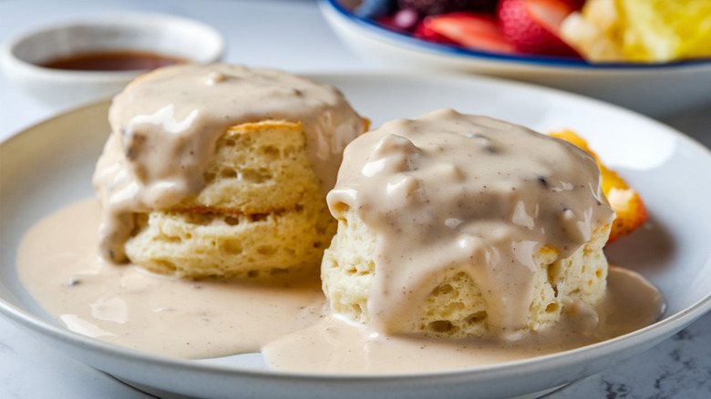 Biscuits topped with sausage gravy