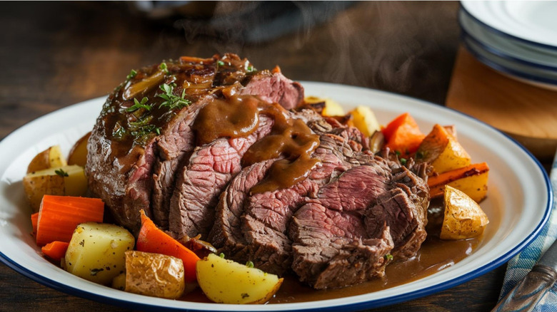 Sliced roast beef on a white plate with vegetables