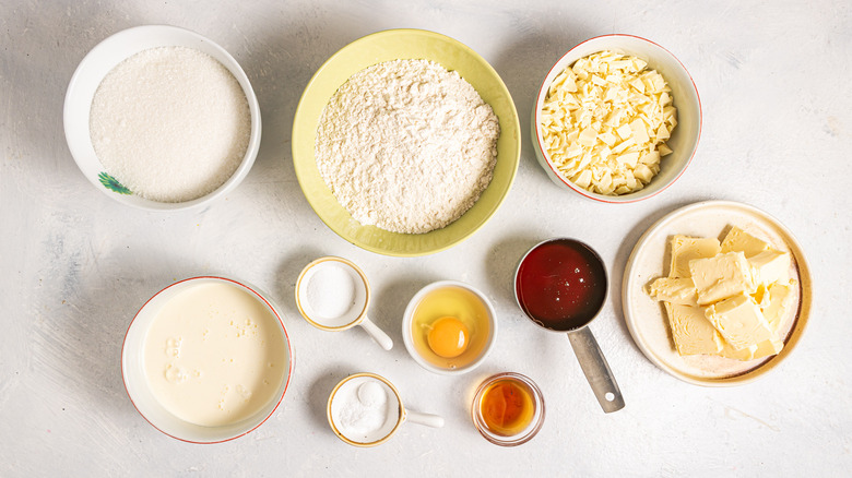 Ingredients for salted caramel-stuffed white chocolate chip cookies