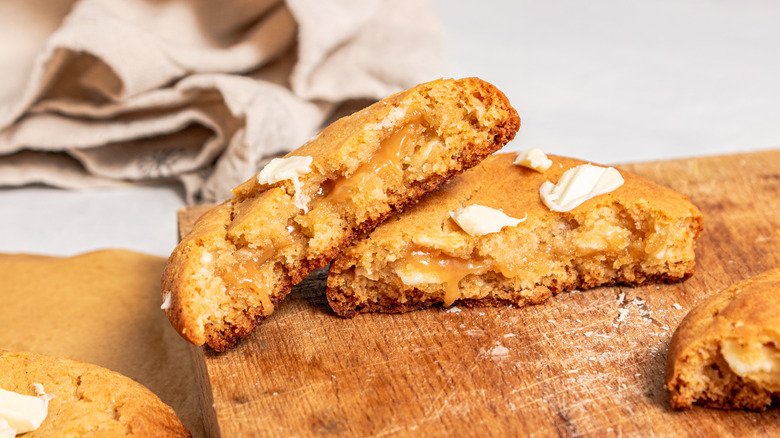 caramel cookie in half