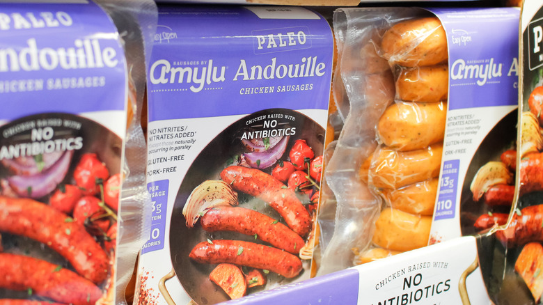 Packages of Amylu chicken sausages