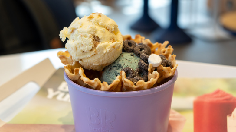 A cup of Baskin-Robbins ice cream with fancy garnishes