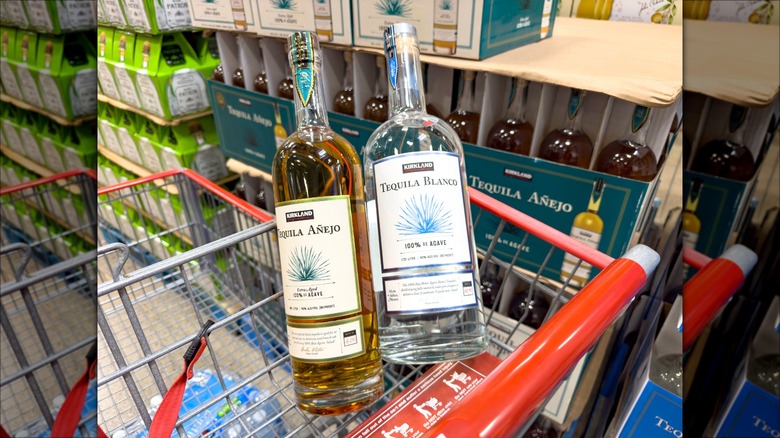 Bottles of Kirkland tequila in shopping cart