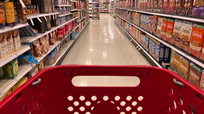 view from someone pushing a shopping cart down the cereal aisle at Target