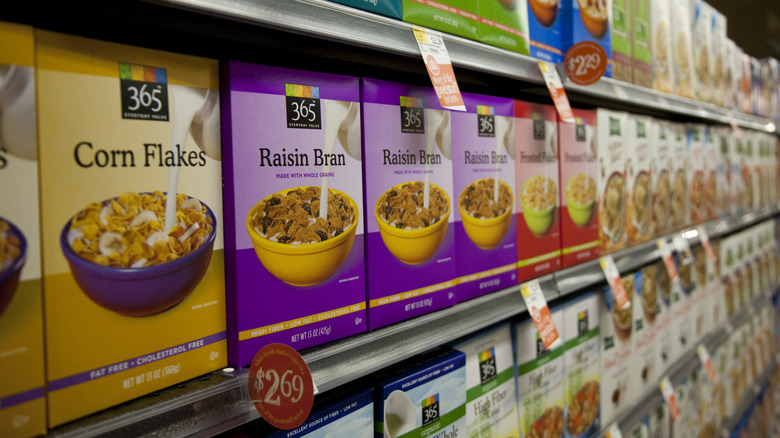 Whole Foods 365 cereals on the shelf at the store with price tags