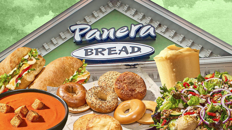 Panera Bread collage of sandwiches, soup, bagels, and salad